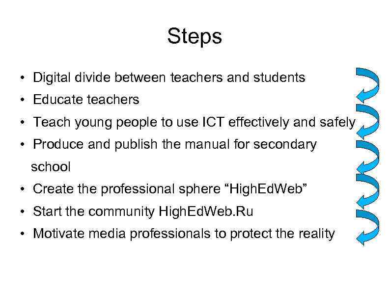 Steps • Digital divide between teachers and students • Educate teachers • Teach young