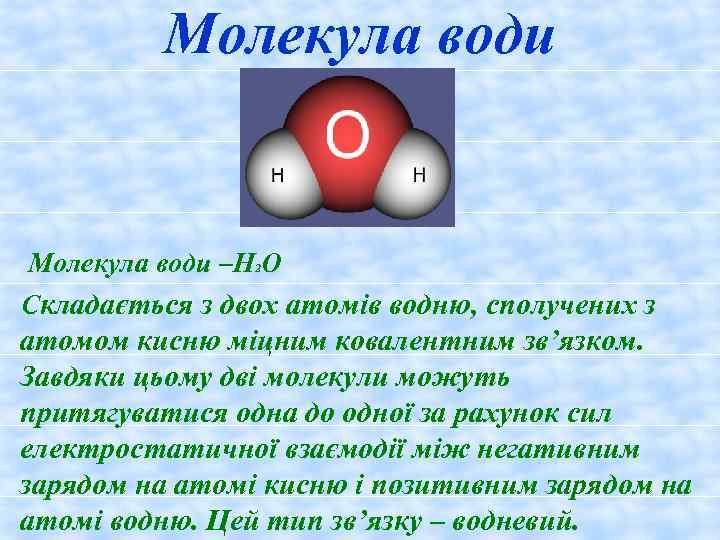 Молекула води –Н 2 О Складається з двох атомів водню, сполучених з атомом кисню