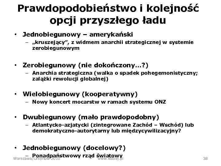 Prawdopodobieństwo i kolejność opcji przyszłego ładu • Jednobiegunowy – amerykański – „kruszejący”, z widmem