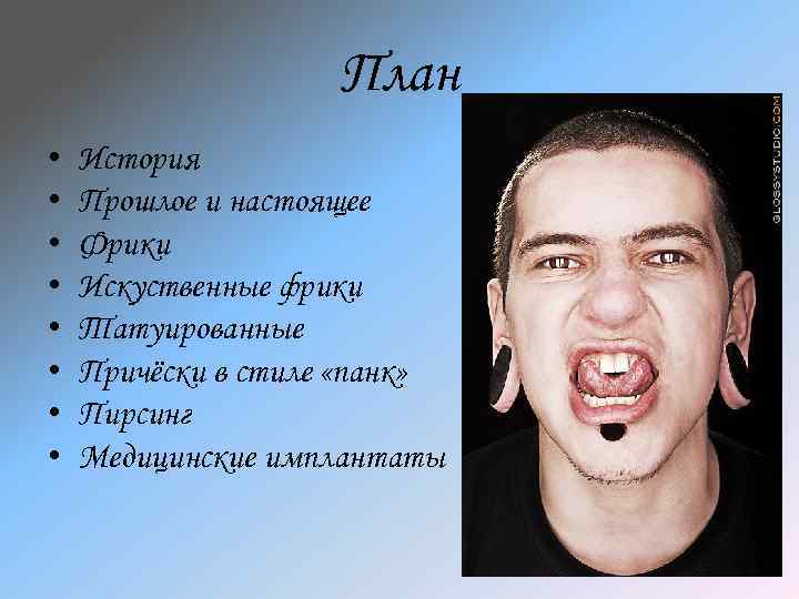 План • • История Прошлое и настоящее Фрики Искуственные фрики Татуированные Причёски в стиле