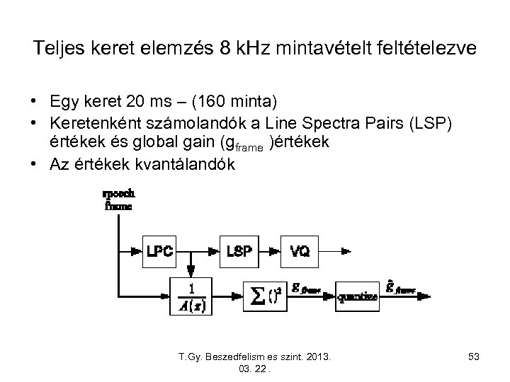 Teljes keret elemzés 8 k. Hz mintavételt feltételezve • Egy keret 20 ms –