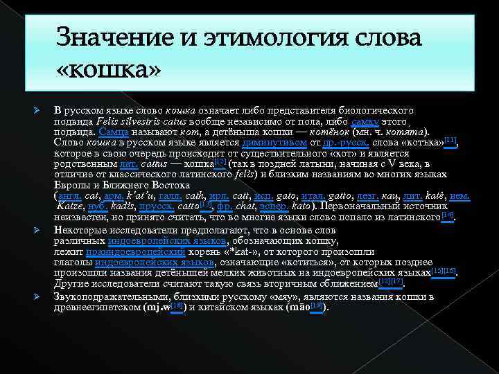 Значение и этимология слова «кошка» Ø Ø Ø В русском языке слово кошка означает
