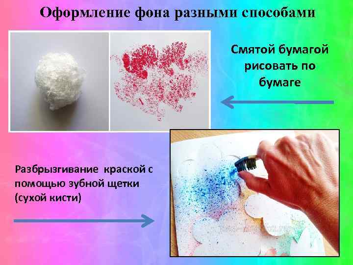 Оформление фона разными способами Смятой бумагой рисовать по бумаге Разбрызгивание краской с помощью зубной