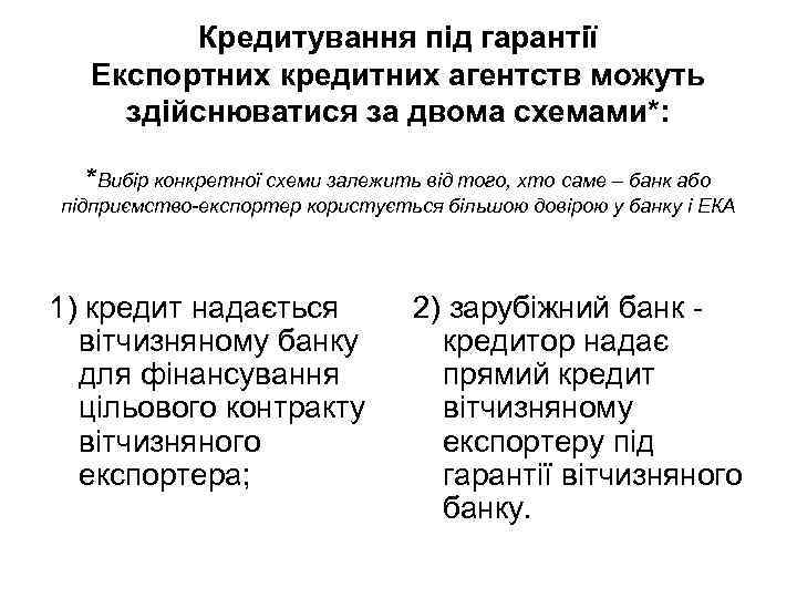 Кредитування під гарантії Експортних кредитних агентств можуть здійснюватися за двома схемами*: *Вибір конкретної схеми