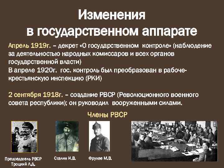 Изменения в государственном аппарате Апрель 1919 г. – декрет «О государственном контроле» (наблюдение за