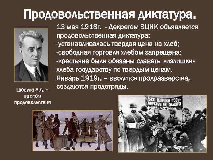 Продовольственная диктатура. Цюрупа А. Д. – нарком продовольствия 13 мая 1918 г. - Декретом