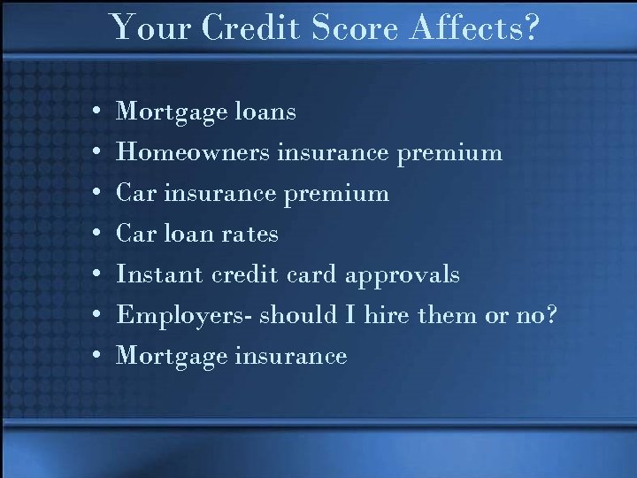 Your Credit Score Affects? • • Mortgage loans Homeowners insurance premium Car loan rates