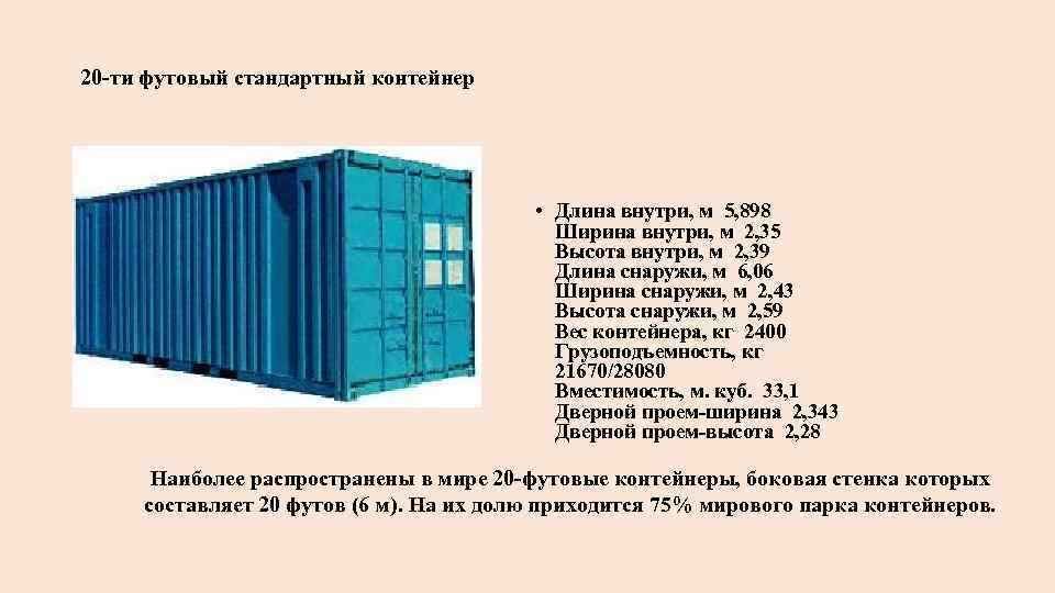 20 ти футовый стандартный контейнер • Длина внутри, м 5, 898 Ширина внутри, м