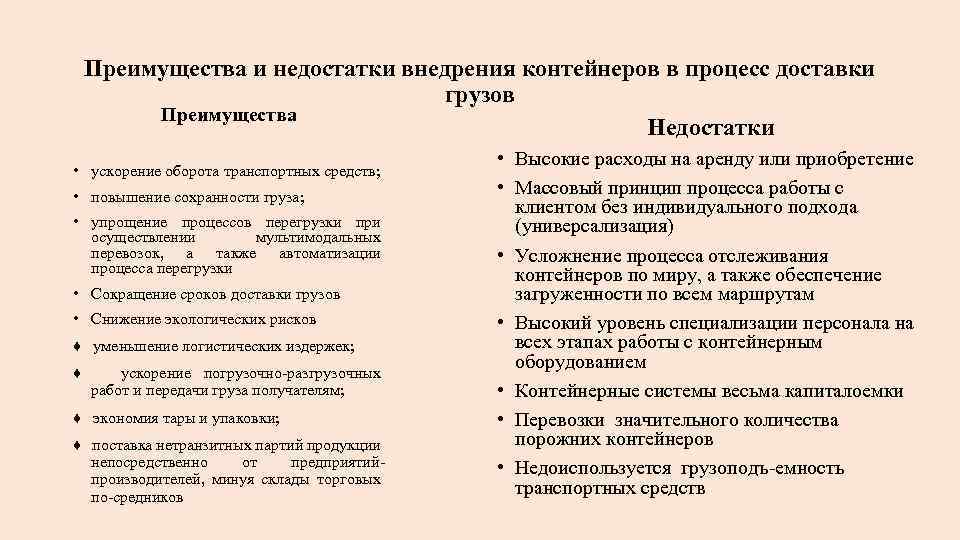 Преимущества и недостатки внедрения контейнеров в процесс доставки грузов Преимущества Недостатки • ускорение оборота