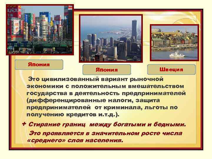 Япония Швеция Это цивилизованный вариант рыночной экономики с положительным вмешательством государства в деятельность предпринимателей