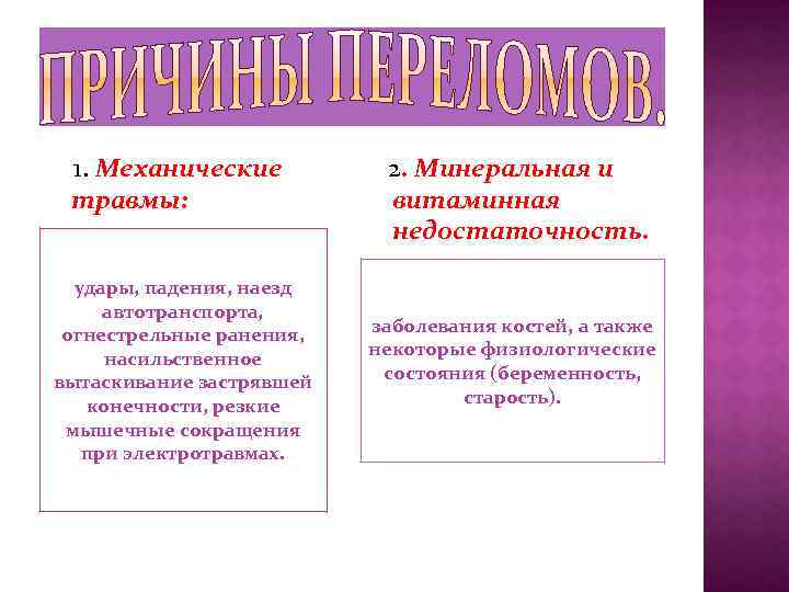 1. Механические травмы: удары, падения, наезд автотранспорта, огнестрельные ранения, насильственное вытаскивание застрявшей конечности, резкие