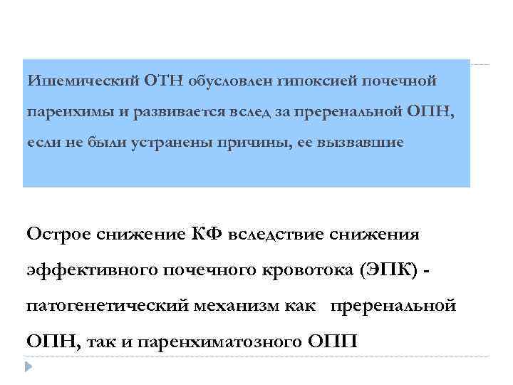 Патофизиология ишемического ОТН Ишемический ОТН обусловлен гипоксией почечной паренхимы и развивается вслед за преренальной