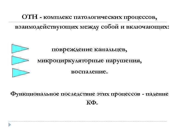 ОТН - комплекс патологических процессов, взаимодействующих между собой и включающих: повреждение канальцев, микроциркуляторные нарушения,