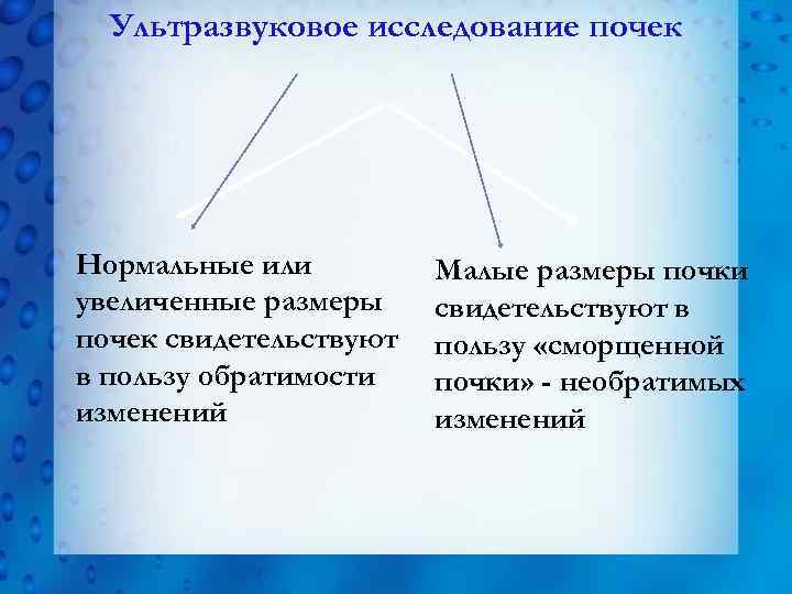 Ультразвуковое исследование почек Нормальные или увеличенные размеры почек свидетельствуют в пользу обратимости изменений Малые