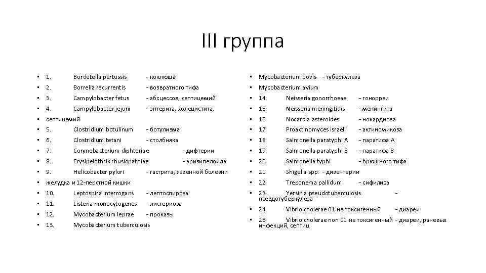 III группа • 1. Bordetella pertussis - коклюша • Mycobacterium bovis - туберкулеза •