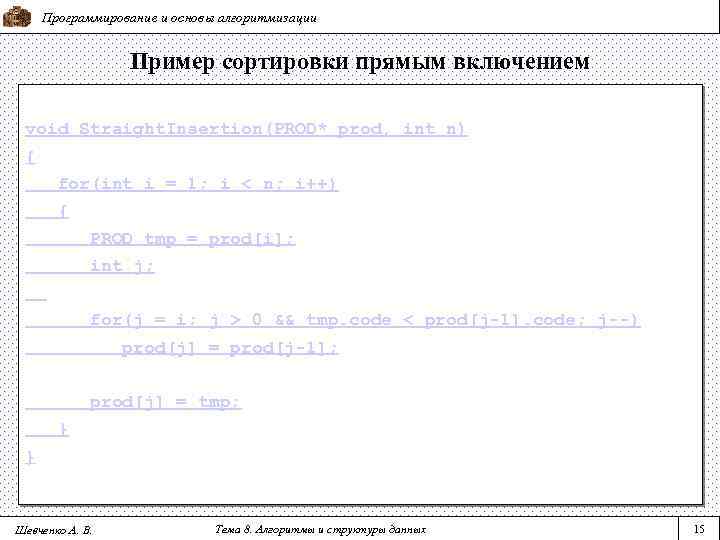 Программирование и основы алгоритмизации Пример сортировки прямым включением void Straight. Insertion(PROD* prod, int n)