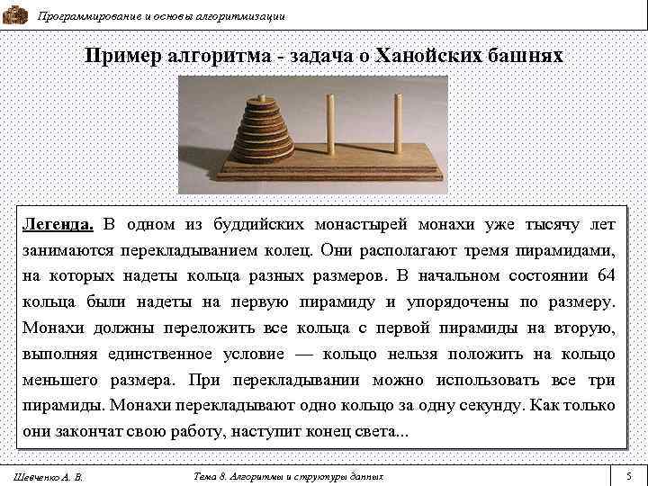 Программирование и основы алгоритмизации Пример алгоритма - задача о Ханойских башнях Легенда. В одном