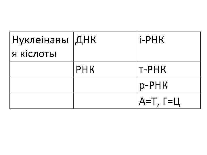 Нуклеінавы ДНК я кіслоты РНК і-РНК т-РНК р-РНК А=Т, Г=Ц 