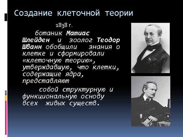 Создание клеточной теории 1838 г. ботаник Матиас Шлейден и зоолог Теодор Шванн обобщили знания