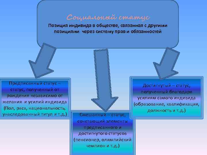 Социальный статус Позиция индивида в обществе, связанная с другими позициями через систему прав и