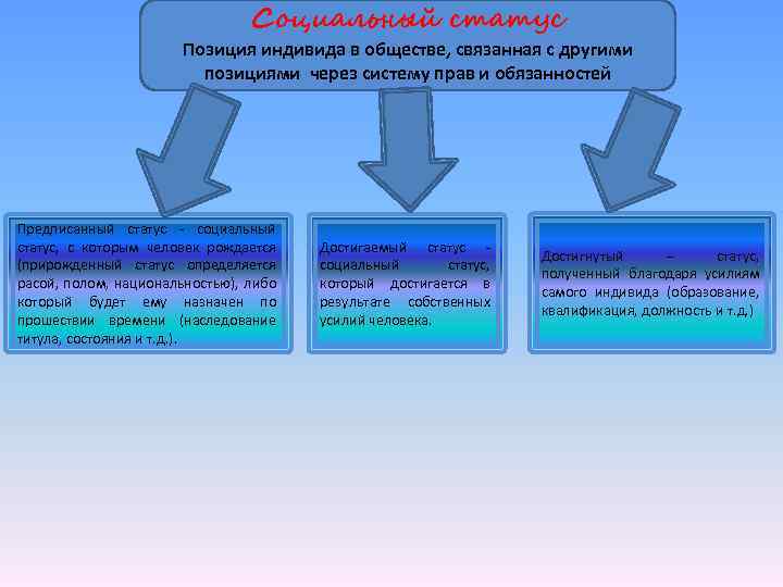 Социальный статус Позиция индивида в обществе, связанная с другими позициями через систему прав и