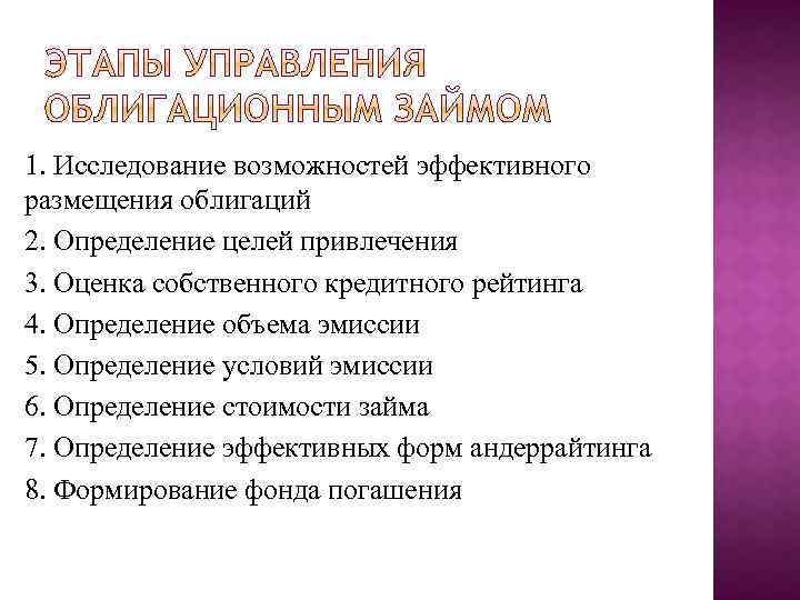 1. Исследование возможностей эффективного размещения облигаций 2. Определение целей привлечения 3. Оценка собственного кредитного