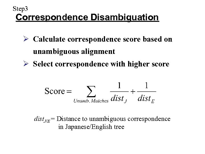 Step 3 Correspondence Disambiguation Ø Calculate correspondence score based on unambiguous alignment Ø Select
