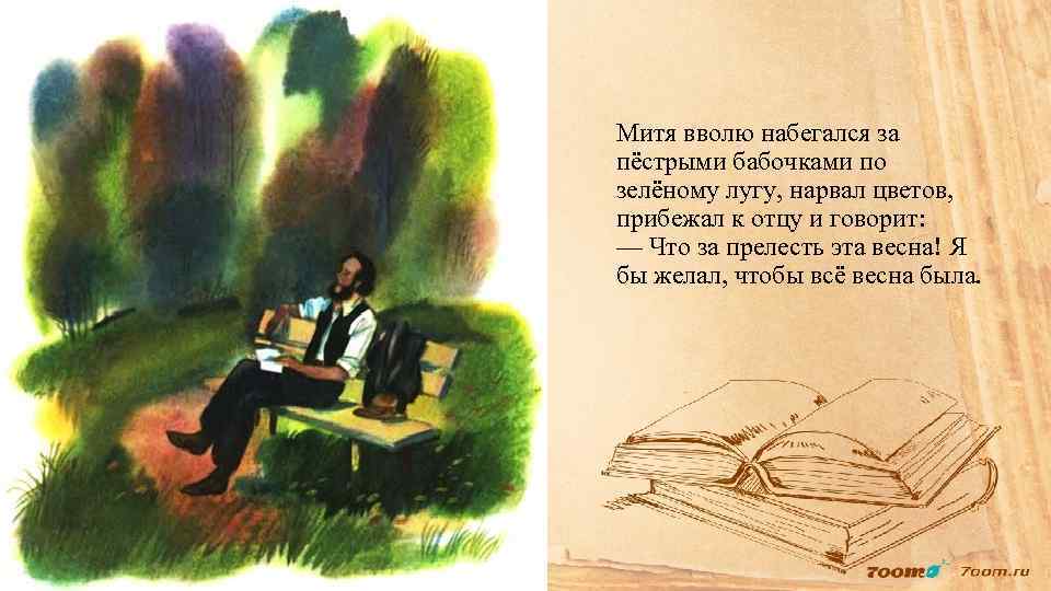 Митя вволю набегался за пёстрыми бабочками по зелёному лугу, нарвал цветов, прибежал к отцу