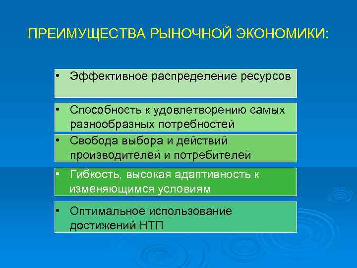 ПРЕИМУЩЕСТВА РЫНОЧНОЙ ЭКОНОМИКИ: • Эффективное распределение ресурсов • Способность к удовлетворению самых разнообразных потребностей