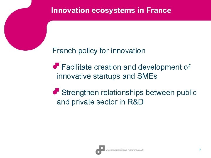 Innovation ecosystems in France French policy for innovation Facilitate creation and development of innovative
