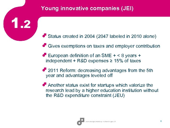 Young innovative companies (JEI) 1. 2 Status created in 2004 (2047 labeled in 2010