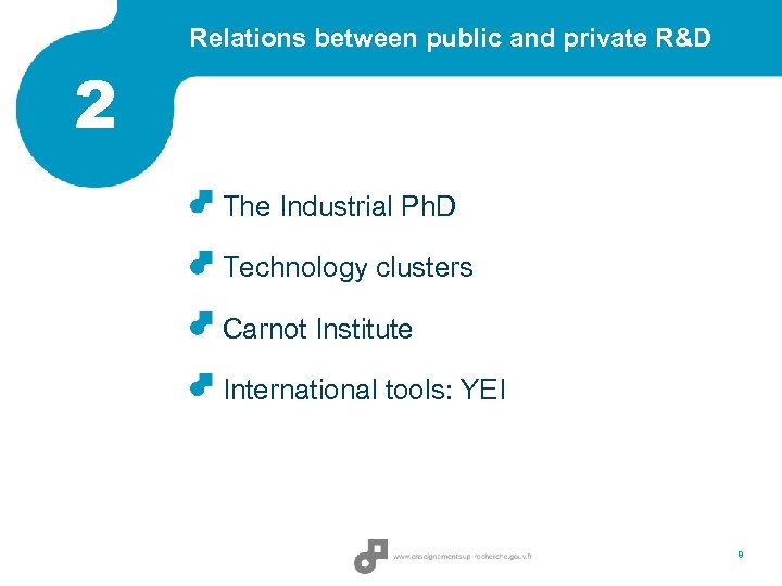 Relations between public and private R&D 2 The Industrial Ph. D Technology clusters Carnot