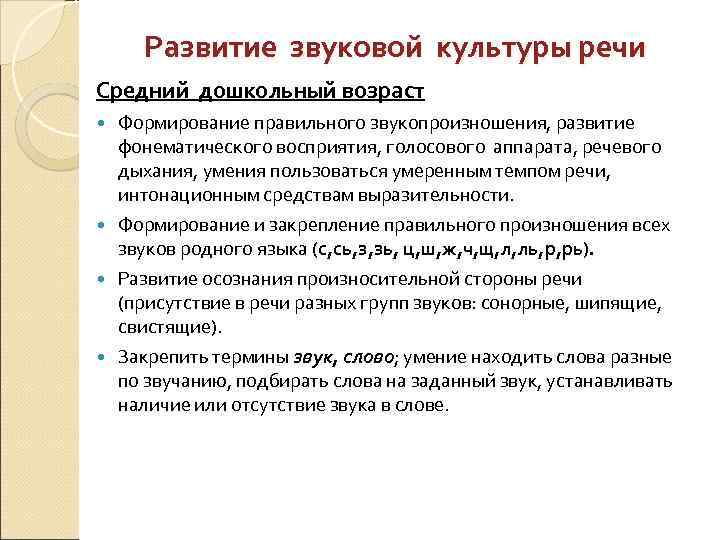 Развитие звуковой культуры речи Средний дошкольный возраст Формирование правильного звукопроизношения, развитие фонематического восприятия, голосового