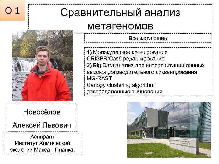 О 1 Сравнительный анализ метагеномов Все желающие 1) Молекулярное клонирование CRISPR/Cas 9 редактирование 2)