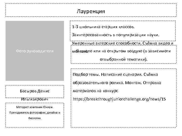 Лауренция 1 -3 школьника старших классов. Заинтересованность в популяризации науки. Умеренные актерские способности. Съёмка