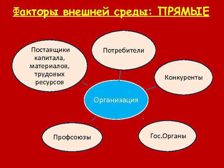 Факторы внешней среды: ПРЯМЫЕ Поставщики капитала, материалов, трудовых ресурсов Потребители Конкуренты Организация Профсоюзы Гос.