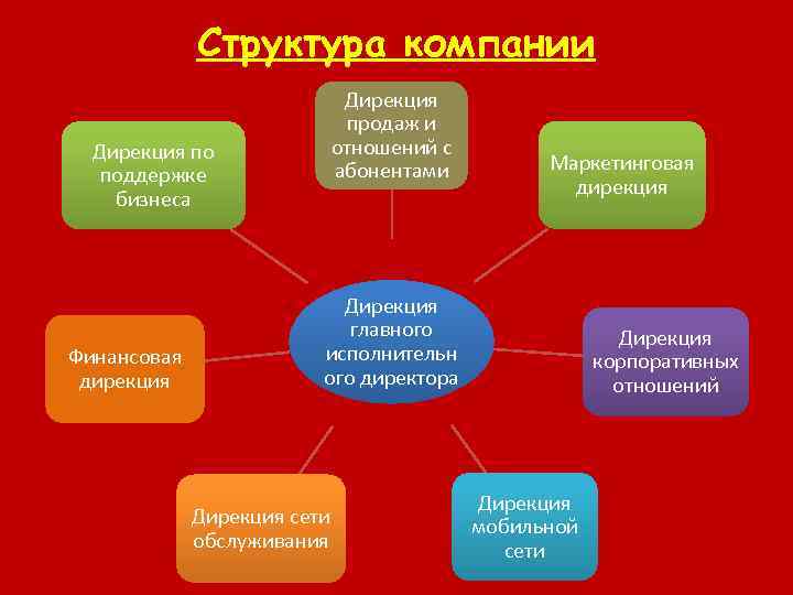 Структура компании Дирекция продаж и отношений с абонентами Дирекция по поддержке бизнеса Финансовая дирекция