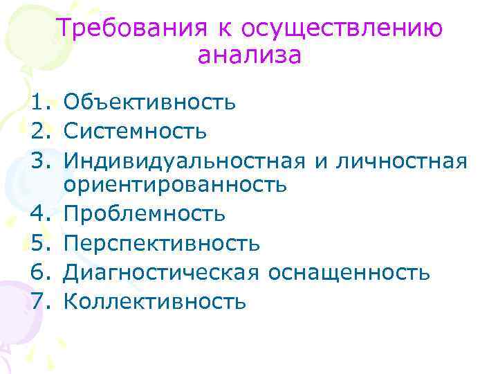 Требования к осуществлению анализа 1. Объективность 2. Системность 3. Индивидуальностная и личностная ориентированность 4.