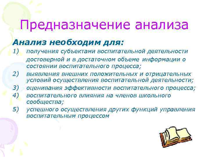 Предназначение анализа Анализ необходим для: 1) 2) 3) 4) 5) получения субъектами воспитательной деятельности