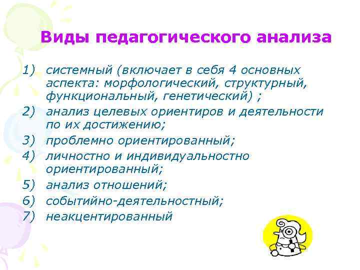 Виды педагогического анализа 1) системный (включает в себя 4 основных аспекта: морфологический, структурный, функциональный,