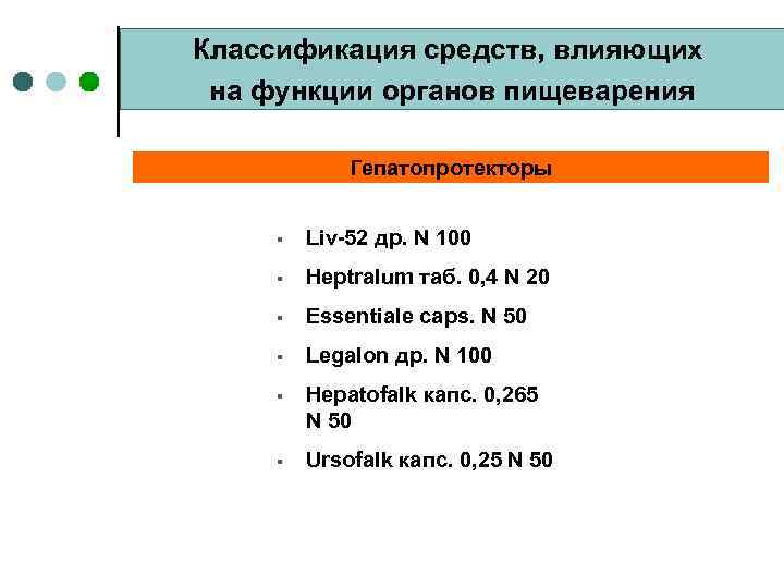 Классификация средств, влияющих на функции органов пищеварения Гепатопротекторы § Liv-52 др. N 100 §