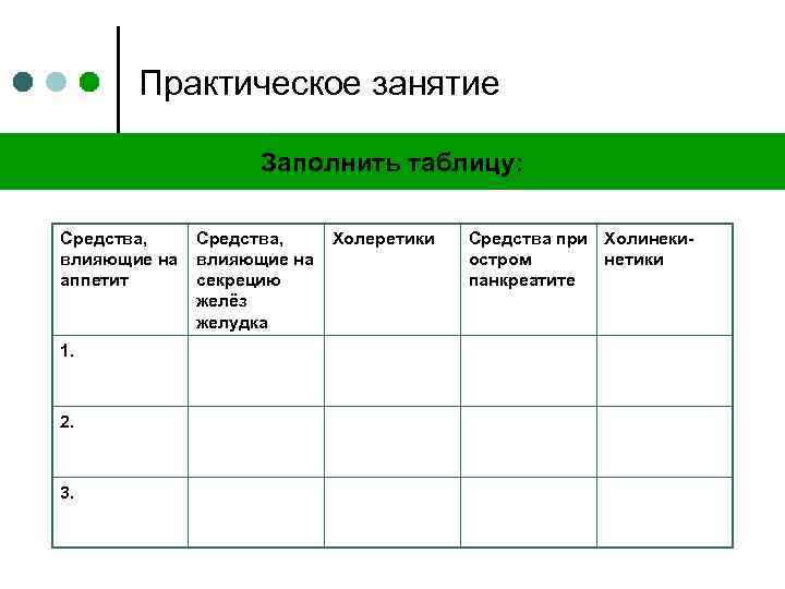 Практическое занятие Заполнить таблицу: Средства, влияющие на аппетит 1. 2. 3. Средства, влияющие на