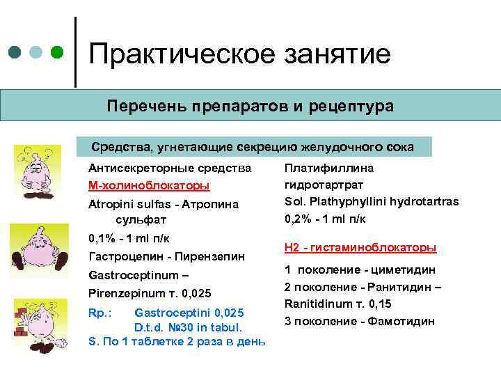 Практическое занятие Перечень препаратов и рецептура Средства, угнетающие секрецию желудочного сока Антисекреторные средства М-холиноблокаторы