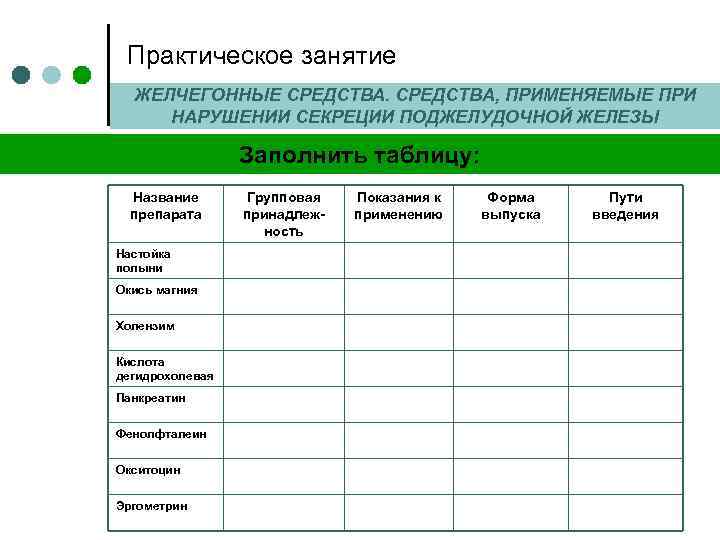 Практическое занятие ЖЕЛЧЕГОННЫЕ СРЕДСТВА, ПРИМЕНЯЕМЫЕ ПРИ НАРУШЕНИИ СЕКРЕЦИИ ПОДЖЕЛУДОЧНОЙ ЖЕЛЕЗЫ Заполнить таблицу: Название препарата