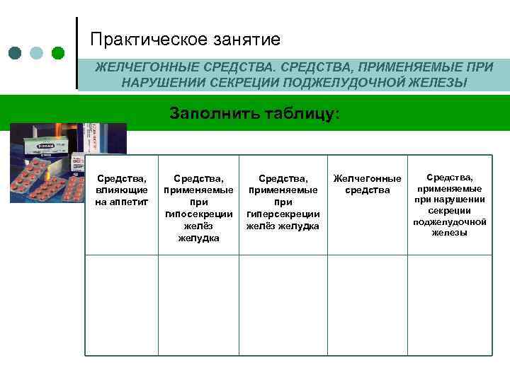 Практическое занятие ЖЕЛЧЕГОННЫЕ СРЕДСТВА, ПРИМЕНЯЕМЫЕ ПРИ НАРУШЕНИИ СЕКРЕЦИИ ПОДЖЕЛУДОЧНОЙ ЖЕЛЕЗЫ Заполнить таблицу: Средства, влияющие