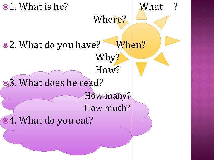  1. What is he? What Where? 2. What do you have? When? Why?