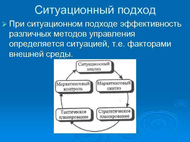 Ситуационный подход Ø При ситуационном подходе эффективность различных методов управления определяется ситуацией, т. е.
