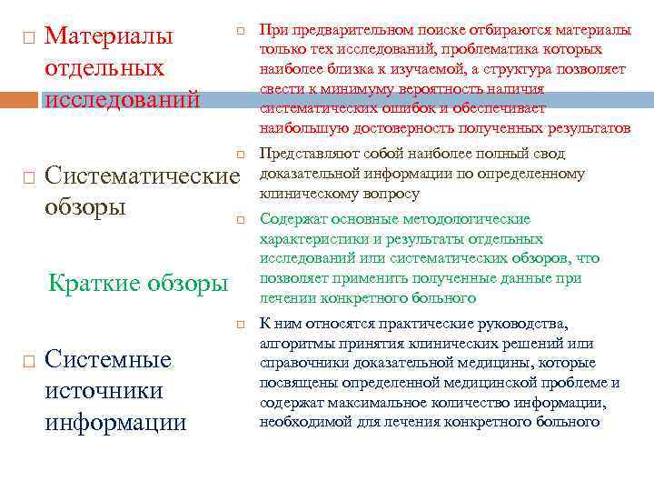  Материалы отдельных исследований Систематические обзоры Краткие обзоры Системные источники информации При предварительном поиске