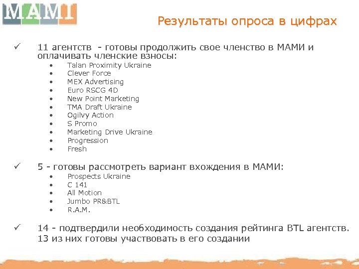 Результаты опроса в цифрах ü 11 агентств - готовы продолжить свое членство в МАМИ