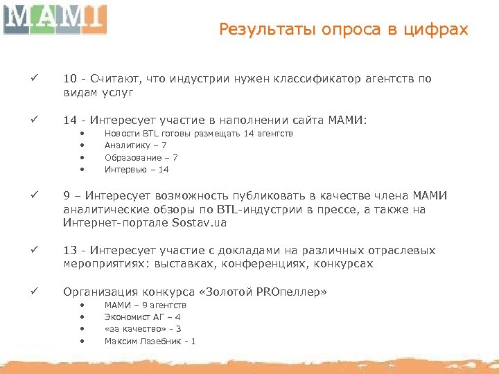 Результаты опроса в цифрах ü 10 - Считают, что индустрии нужен классификатор агентств по